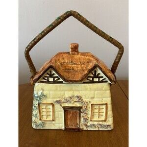 Vtg Keele Street Pottery Thatched Roof Cottage Covered Biscuit Barrel/Cookie Jar